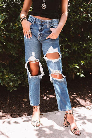 Distressed Straight Fit Denim Jeans - The Vintage Bohemian