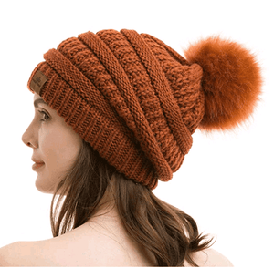 Winter Knit Hat Slouchy Beanie with Faux Fur Pom - The Vintage Bohemian