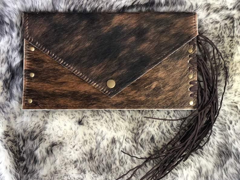 Cowhide Clutch Envelope Style with Leather Fringe – The Vintage Bohemian