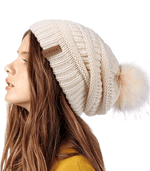 Winter Knit Hat Slouchy Beanie with Faux Fur Pom - The Vintage Bohemian