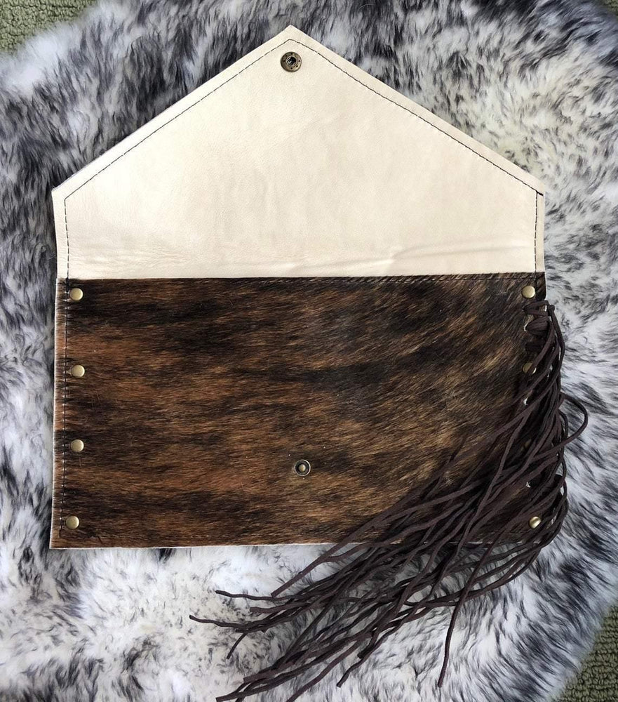 
            
                Load image into Gallery viewer, Cowhide Clutch Envelope Style with Leather Fringe - The Vintage Bohemian
            
        