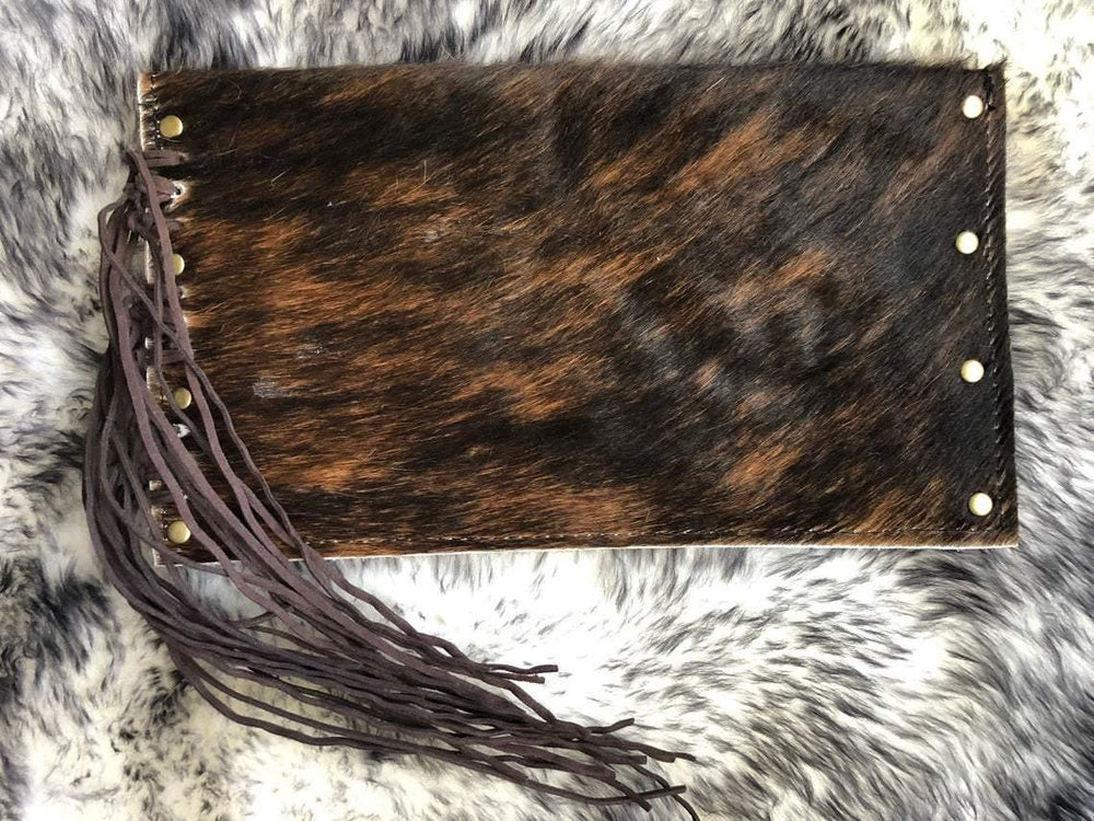 Cowhide Clutch Envelope Style with Leather Fringe - The Vintage Bohemian