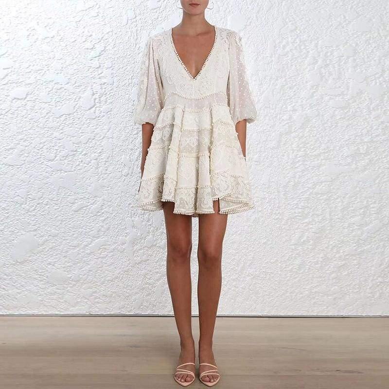 
            
                Load image into Gallery viewer, Luna Embroidery Crochet White Linen Dress - The Vintage Bohemian
            
        