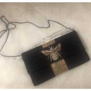 Moyna Beaded 3d Bee Clutch | Black with Bronze/ Gold - The Vintage Bohemian