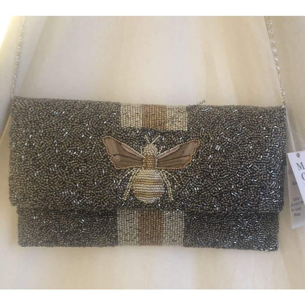 Moyna Beaded 3d Bee Clutch | Pewter with Gold/ Silver - The Vintage Bohemian