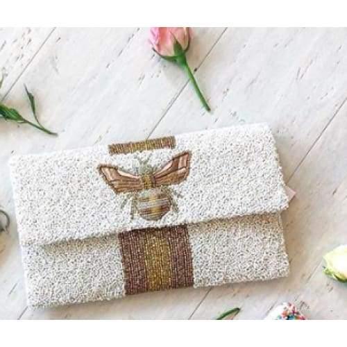 Moyna Beaded 3d Bee Clutch |White with Gold/ Bronze - The Vintage Bohemian