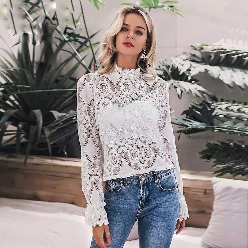 
            
                Load image into Gallery viewer, Rosaline White Lace Lantern Sleeve Blouse - The Vintage Bohemian
            
        